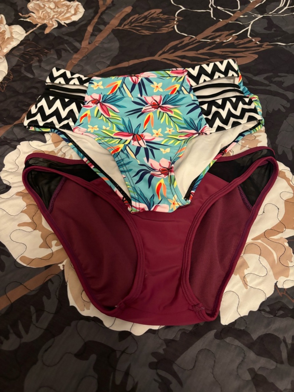 Women’s High-Waist Swim Bottoms - Teal Floral & Burgundy